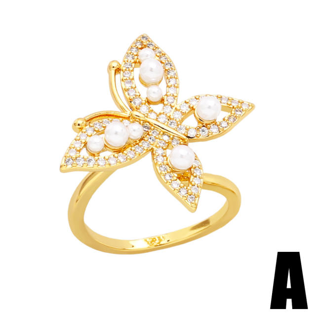 Elegant pearl diamond butterfly adjustable rings