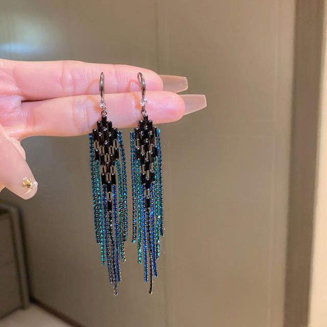 925 needle black blue diamond tassel earrings