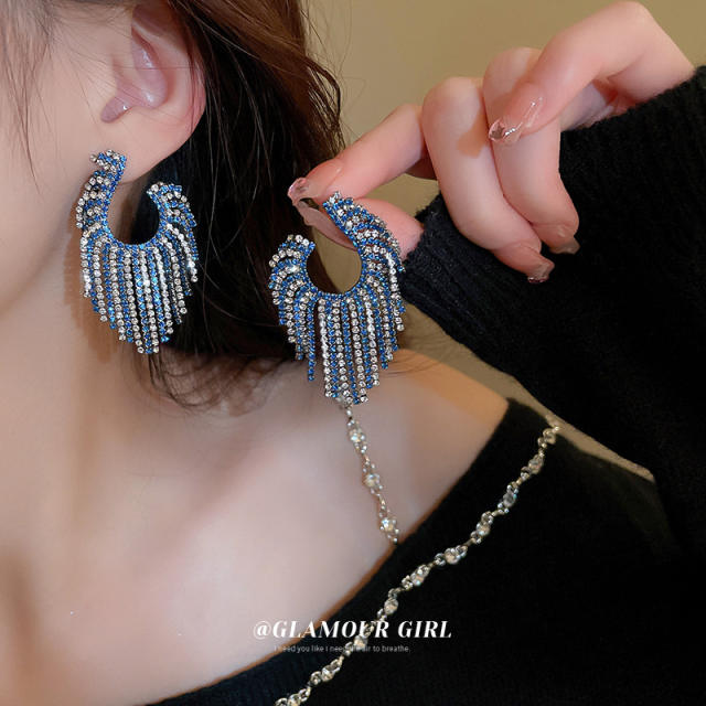 925 needle black blue diamond tassel earrings