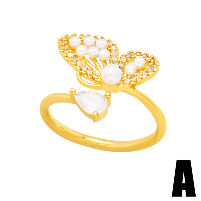Occident fashion ins pearl beads diamond butterfly smile face rings