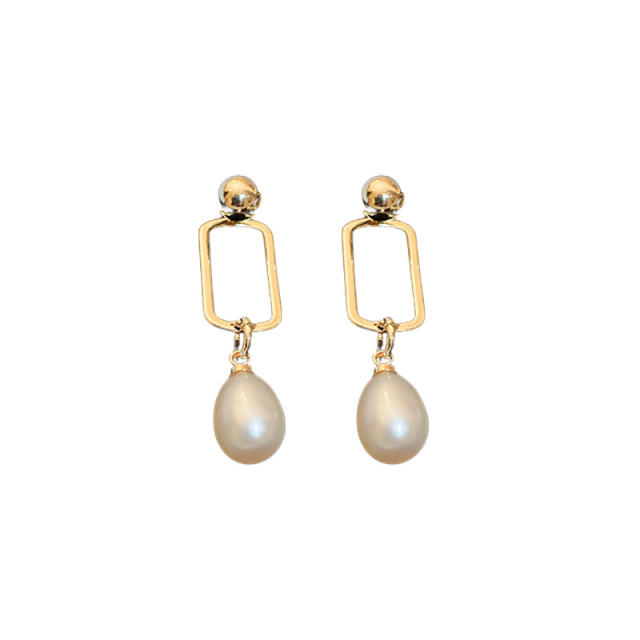 925 needle geometric square pearl drop earrings