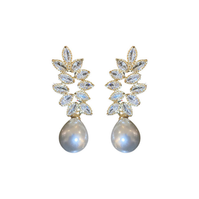 925 needle luxury pave setting diamond pearl earrings