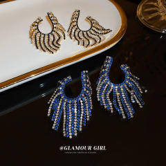 925 needle black blue diamond tassel earrings