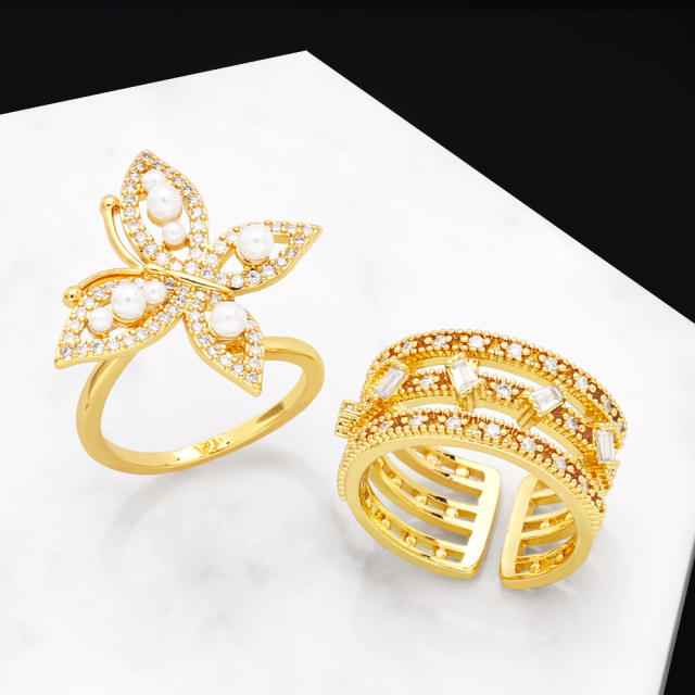 Elegant pearl diamond butterfly adjustable rings