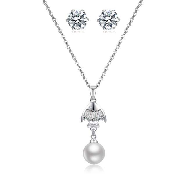 Korean fashion elegant pearl pendant diamond necklace set