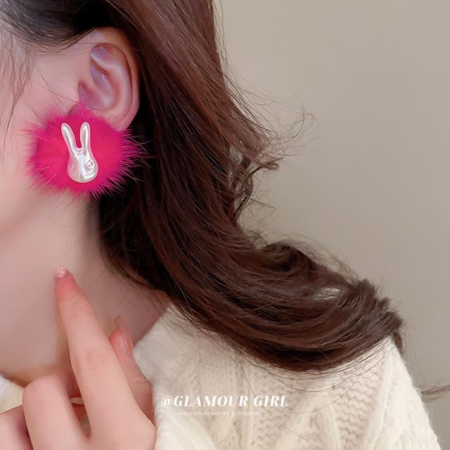 925 needle rose color series winter fluffy earrings