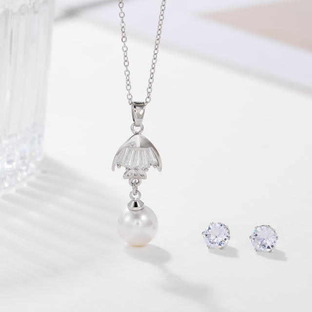 Korean fashion elegant pearl pendant diamond necklace set