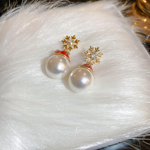 925 needle christmas snowflake pearl earrings