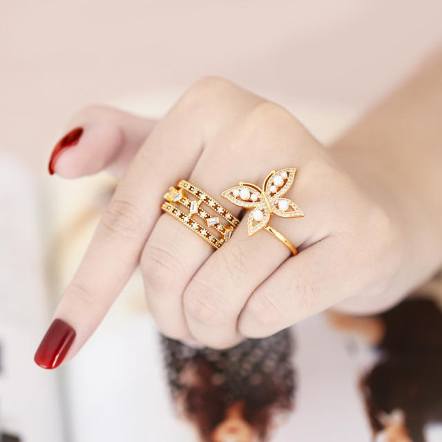 Elegant pearl diamond butterfly adjustable rings