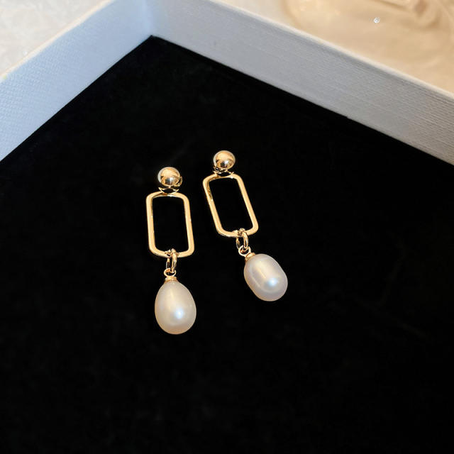 925 needle geometric square pearl drop earrings