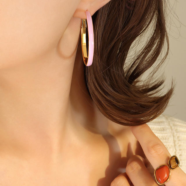 Personality color enamel stainless steel hoop earrings