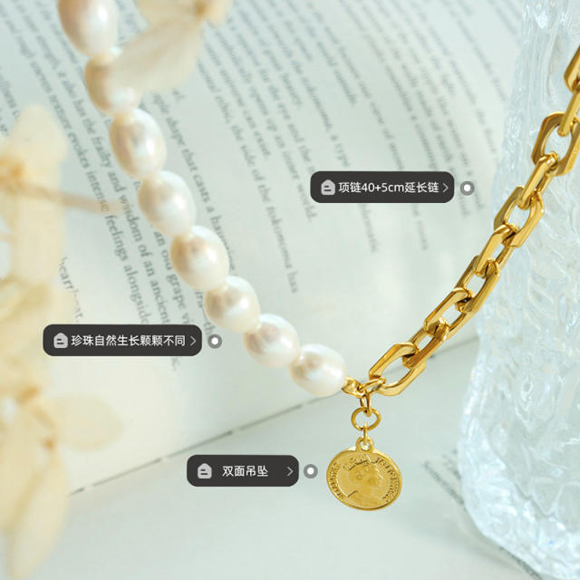 Hiphop half stainless steel chain half water pearl necklace