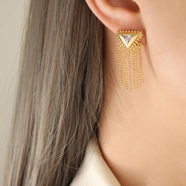 Luxury real gold plated copper triangle shape tassel earrings