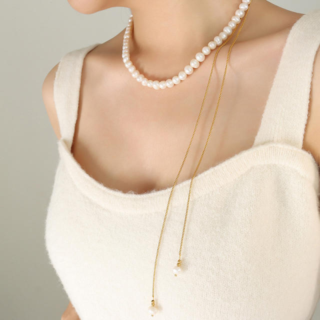 Personality water pearl beads slide type long necklace