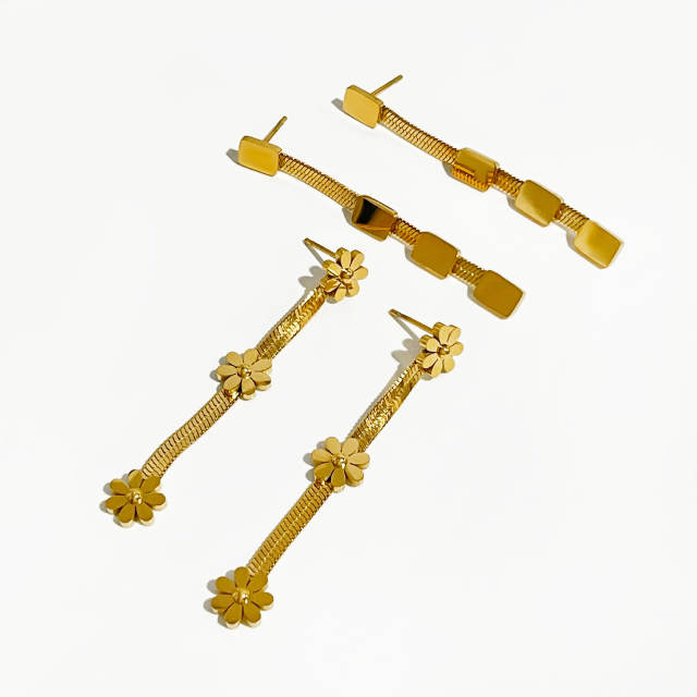 Elegant snake chain daisy square stainless steel earrings