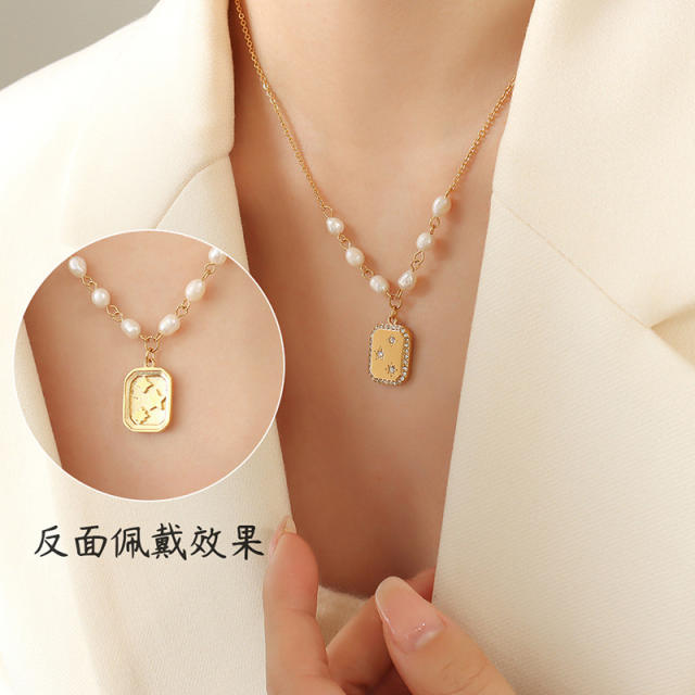 Elegant diamond square pendant water pearl stainless steel necklace
