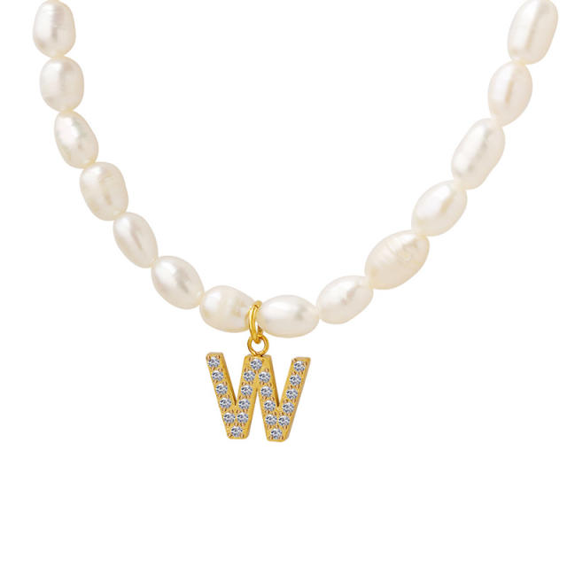 Diamond initial letter pendant water pearl choker necklace