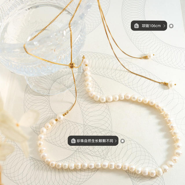 Personality water pearl beads slide type long necklace