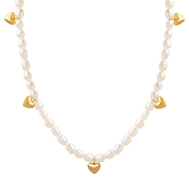 Stainless steel tiny heart water pearl choker necklace