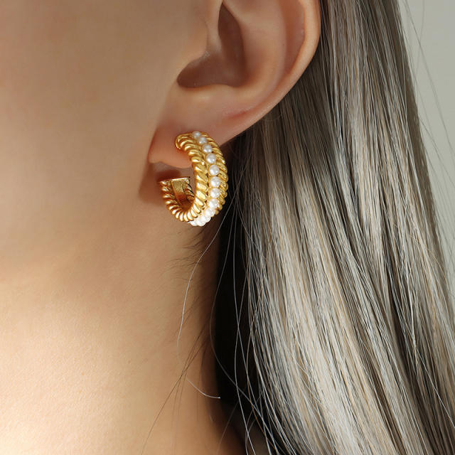 Vintage faux pearl beads stainless steel open hoop earrings