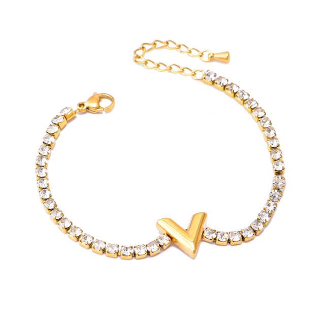Elegant v letter tennis chain stainless steel bracelet