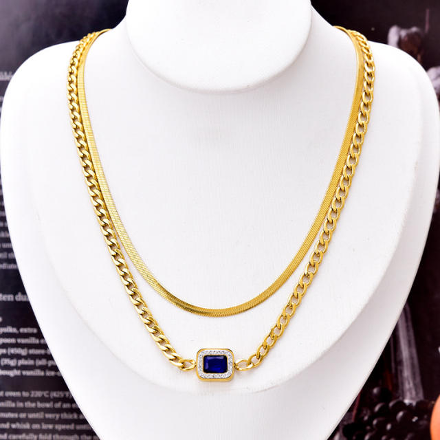 Elegant square sapphire cubic zircon two layer stainless steel necklace