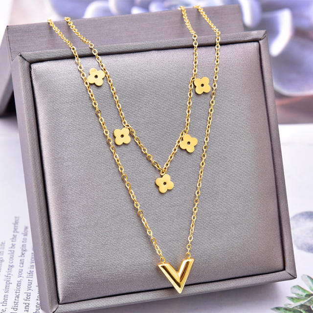 Personality 18K hollow clover v letter layer stainless steel necklace
