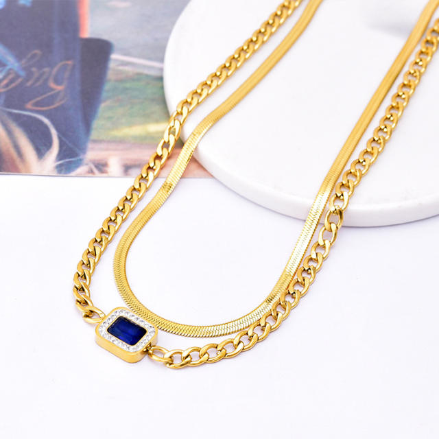 Elegant square sapphire cubic zircon two layer stainless steel necklace