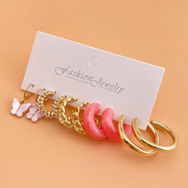 Creative pink green color acrylic open hoop earrings set