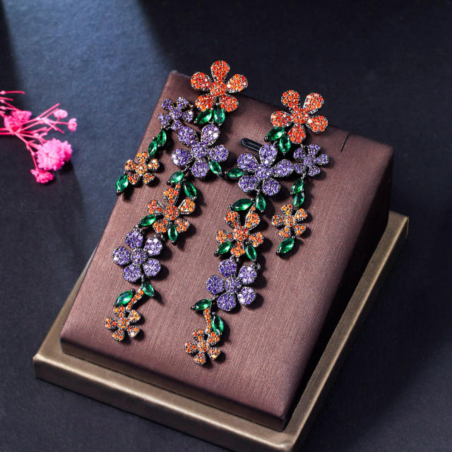 925 needle luxury color crystal pave setting flower long earrings