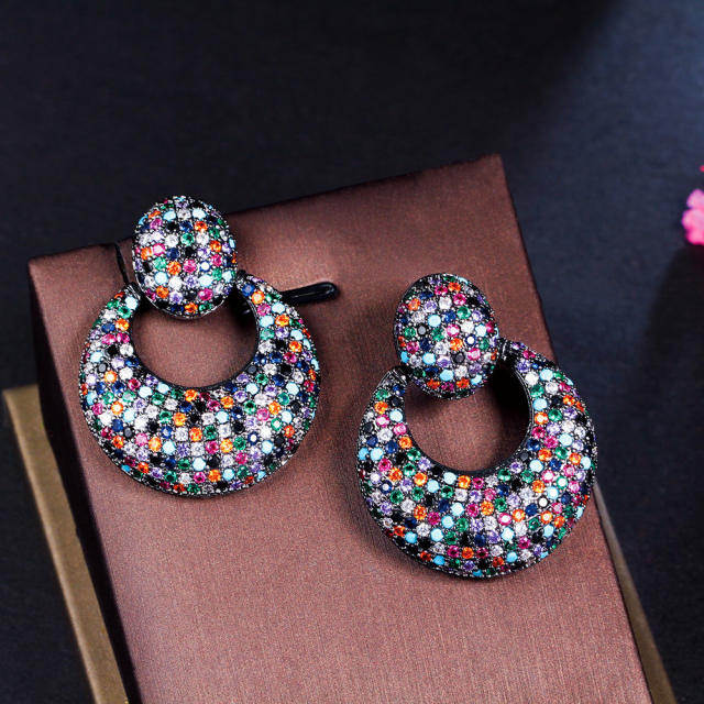 925 needle luxury color cubic zircon pave setting circle earrings
