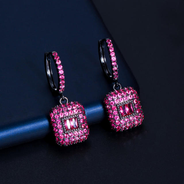 Luxury handmade pave setting rose green crystal square huggie earrings
