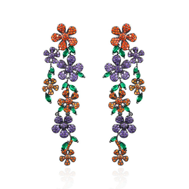 925 needle luxury color crystal pave setting flower long earrings