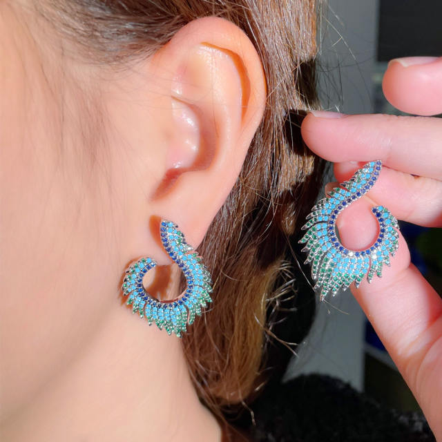 925 needle luxury pave setting crystal feather shape earrings