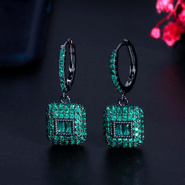 Luxury handmade pave setting rose green crystal square huggie earrings