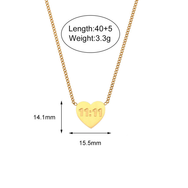 Personality angel number 11:11 heart stainless steel necklace