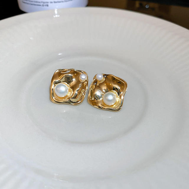 925 needle elegant square shape pearl beads studs earrings