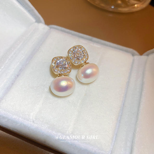 Real gold plated pink pearl diamond circle earrings