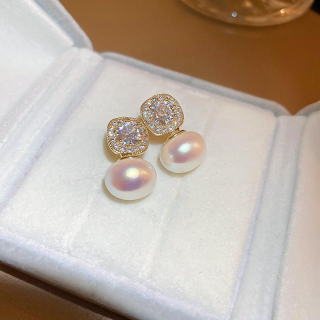 Real gold plated pink pearl diamond circle earrings