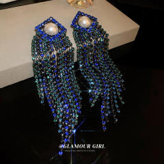 Luxury pave setting blue gem tassel earrings