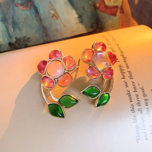 Vintage colorful opal stone flower shape studs earrings