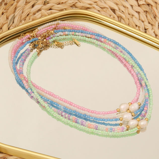 Boho colorful beaded pearl choker necklace