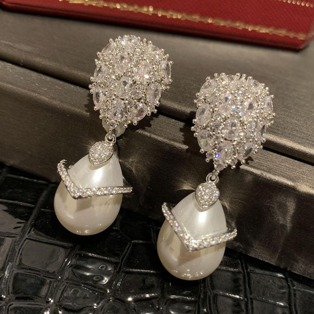 925 needle elegant pearl drop diamond earrings