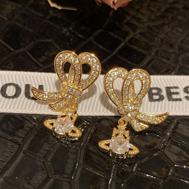925 needle lace bow diamond earrings