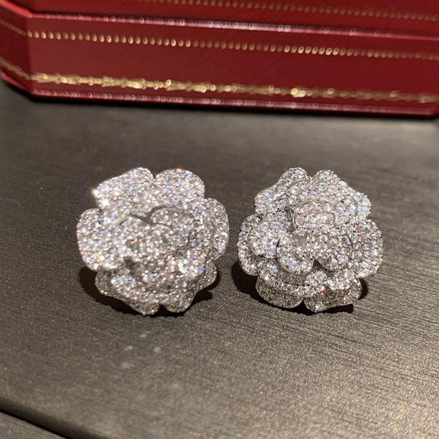 925 needle pave setting gem diamond camella studs earrings