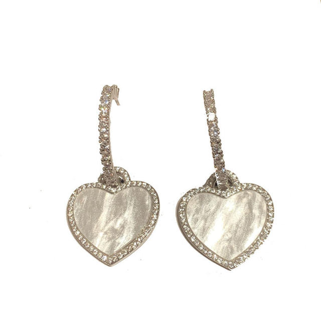 Heart shape shell pendant diamond 925 needle earrings