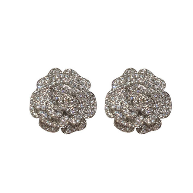 925 needle pave setting gem diamond camella studs earrings