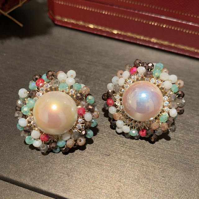 Color pearl 925 needle round studs earrings