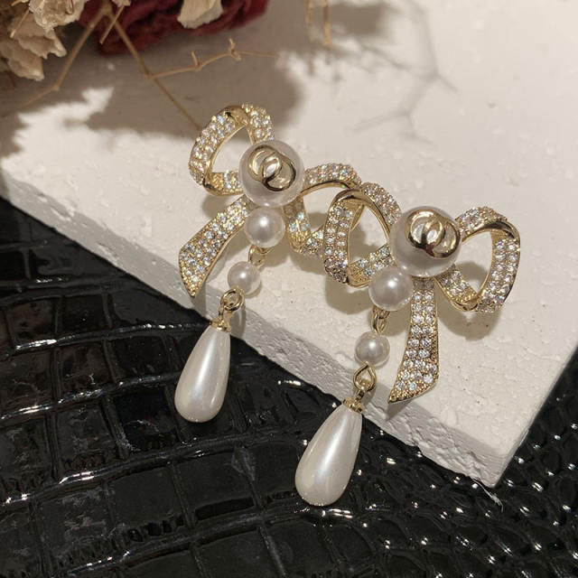 925 needle elegant bow pearl drop earrings