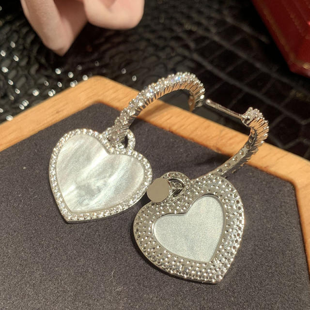 Heart shape shell pendant diamond 925 needle earrings